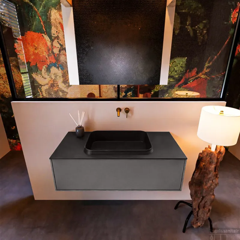 Seizoensaanbieding Badkamermeubelset Mondiaz Erin 100 cm met 1 Lade met RIDGE Wastafel Midden Urban Zonder Kraangaten Greeploos Mat Dark Grey