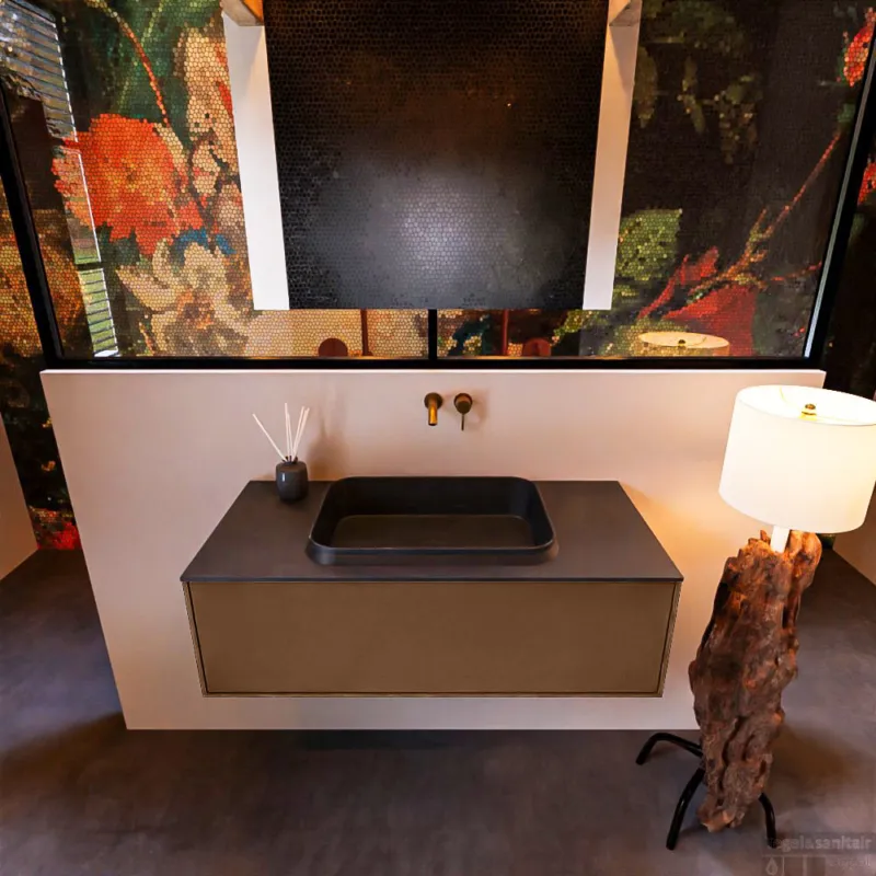 Koop Online Badkamermeubelset Mondiaz Erin 100 cm met 1 Lade met RIDGE Wastafel Midden Urban Zonder Kraangaten Greeploos Mat Rust