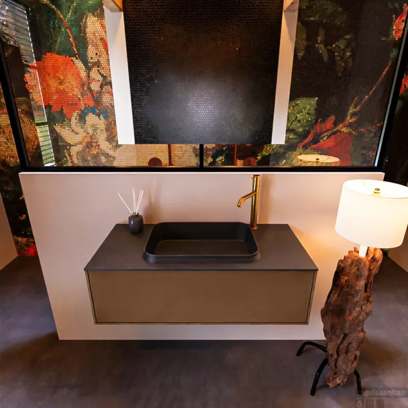 Uitverkoop Badkamermeubelset Mondiaz Erin 100 cm met 1 Lade met RIDGE Wastafel Midden Urban met 1 kraangat Greeploos Mat Rust