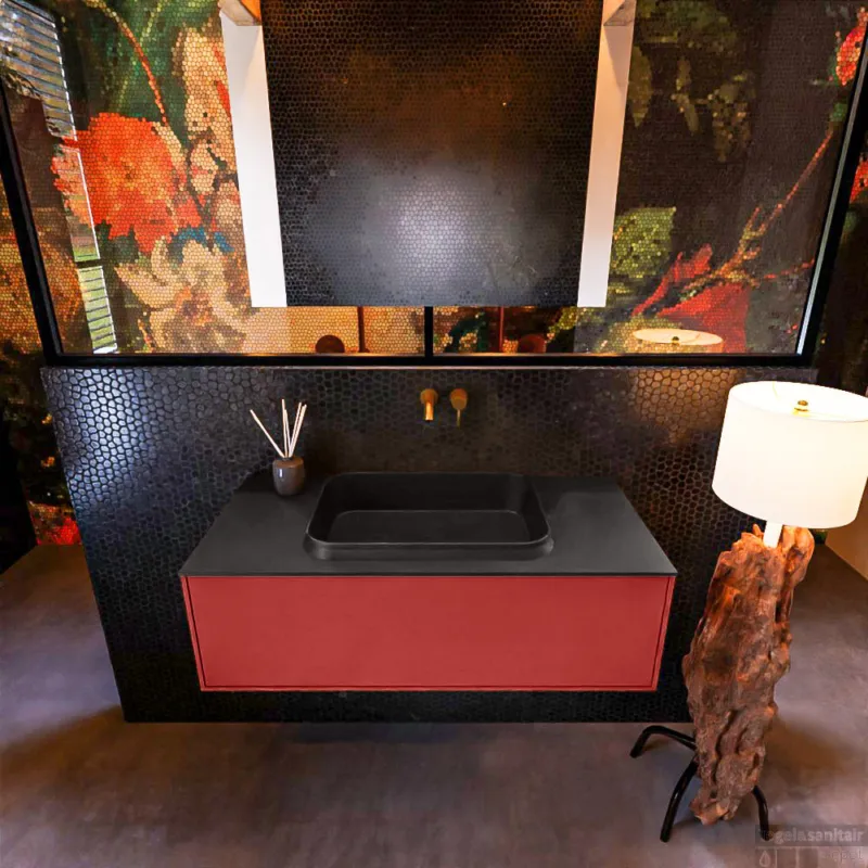 Must-Have Badkamermeubelset Mondiaz Erin 100 cm met 1 Lade met RIDGE Wastafel Midden Urban Zonder Kraangaten Greeploos Mat Fire