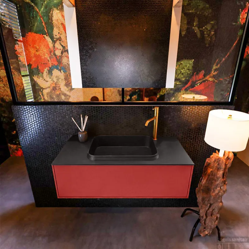 Must-Have Badkamermeubelset Mondiaz Erin 100 cm met 1 Lade met RIDGE Wastafel Midden Urban met 1 kraangat Greeploos Mat Fire