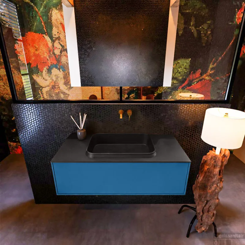Badkamermeubelset Mondiaz Erin 100 cm met 1 Lade met RIDGE Wastafel Midden Urban Zonder Kraangaten Greeploos Mat Jeans Seizoensaanbieding