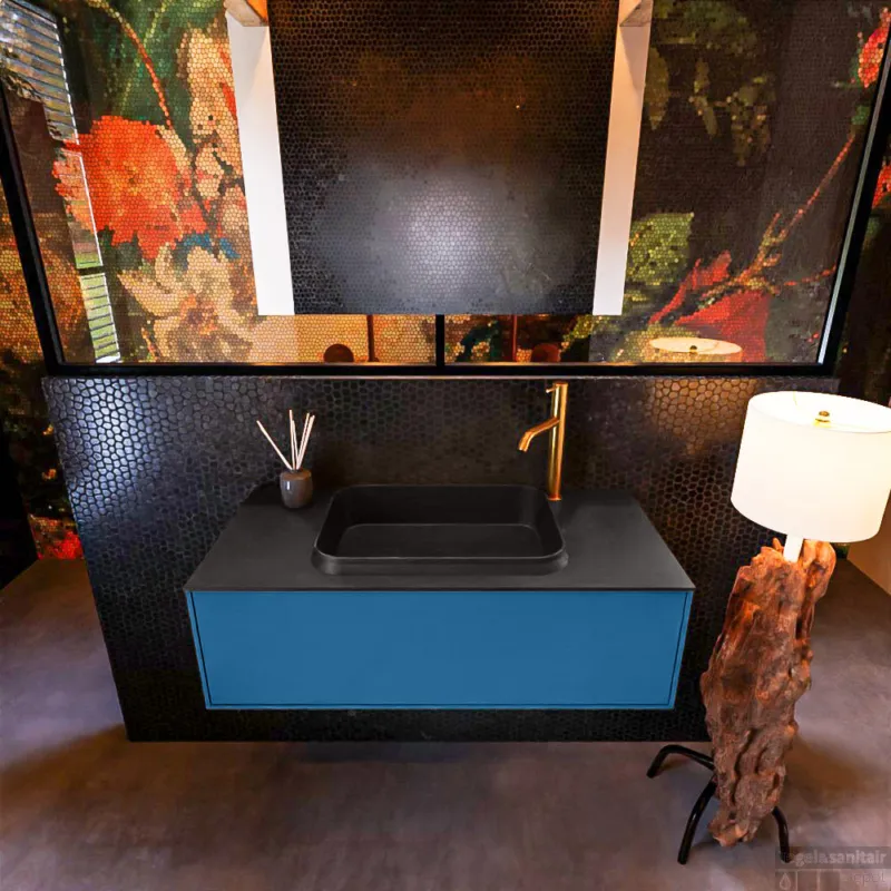 Hete Deal Badkamermeubelset Mondiaz Erin 100 cm met 1 Lade met RIDGE Wastafel Midden Urban met 1 kraangat Greeploos Mat Jeans