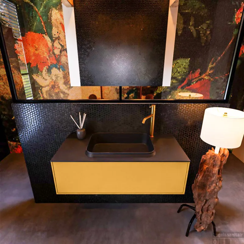Seizoensaanbieding Badkamermeubelset Mondiaz Erin 100 cm met 1 Lade met RIDGE Wastafel Midden Urban met 1 kraangat Greeploos Mat Ocher