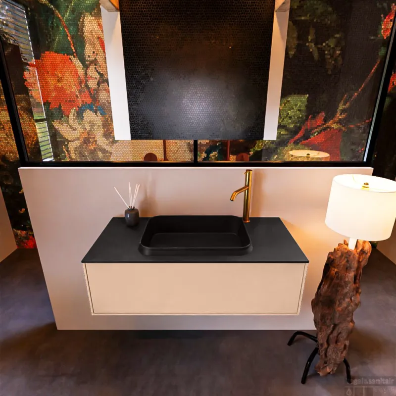 Beperkt Aanbod Badkamermeubelset Mondiaz Erin 100 cm met 1 Lade met RIDGE Wastafel Midden Urban met 1 kraangat Greeploos Mat Rosee
