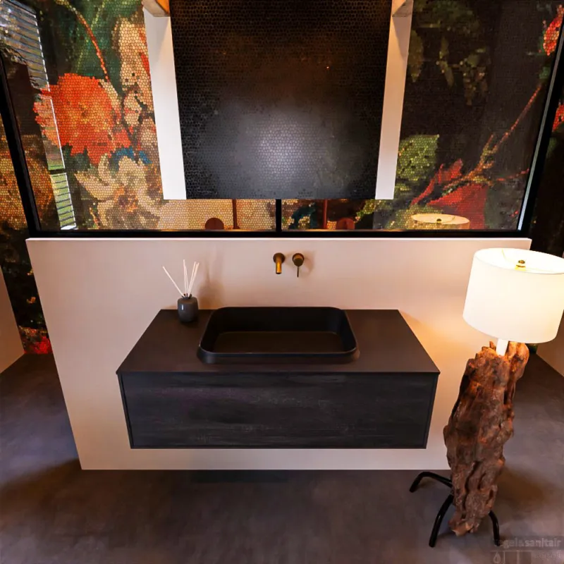 Premium Badkamermeubelset Mondiaz Erin 100 cm met 1 Lade met RIDGE Wastafel Midden Urban Zonder Kraangaten Greeploos Mat Dark Brown