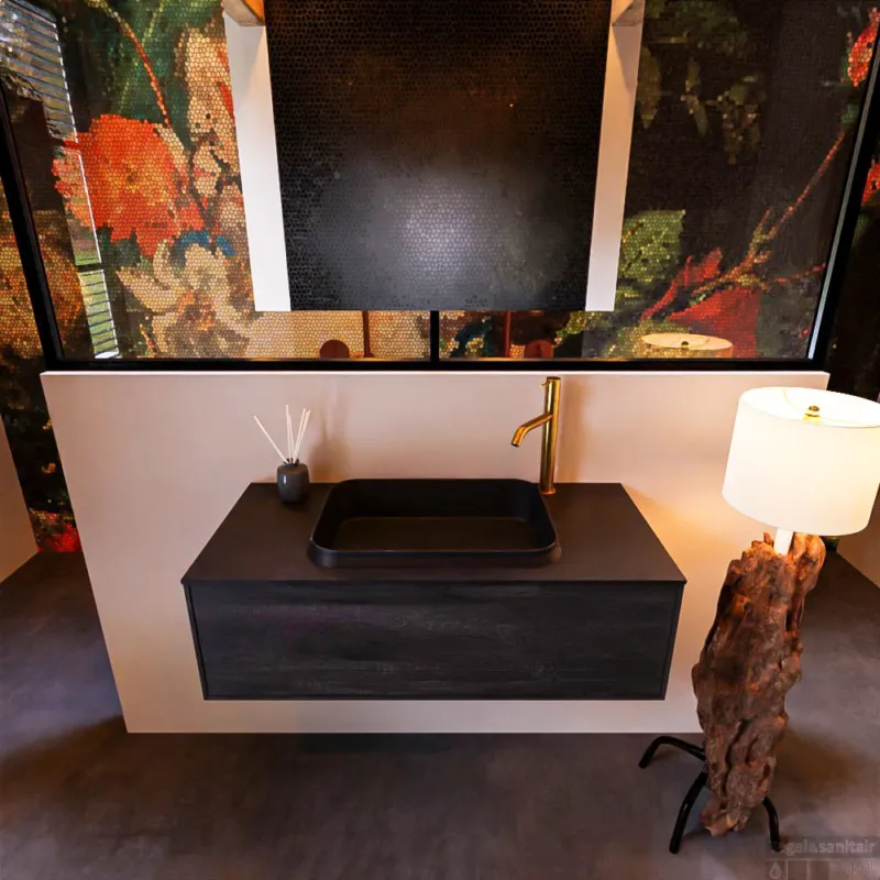 Badkamermeubelset Mondiaz Erin 100 cm met 1 Lade met RIDGE Wastafel Midden Urban met 1 kraangat Greeploos Mat Dark Brown Goedkoop