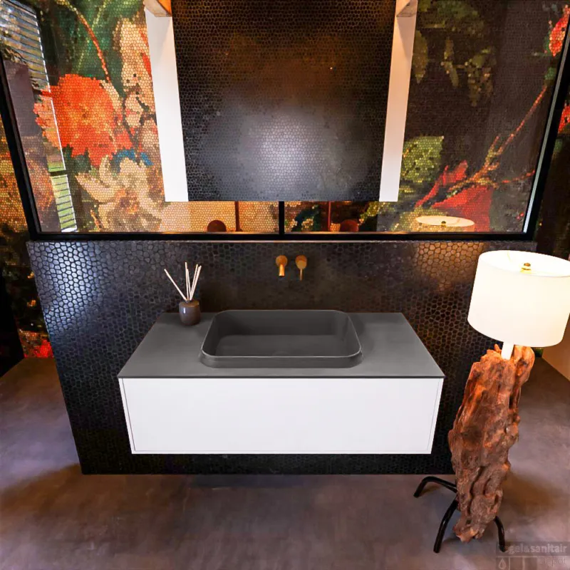 Badkamermeubelset Mondiaz Erin 100 cm met 1 Lade met RIDGE Wastafel Midden Dark grey Zonder Kraangaten Greeploos Mat Talc Weekendaanbieding