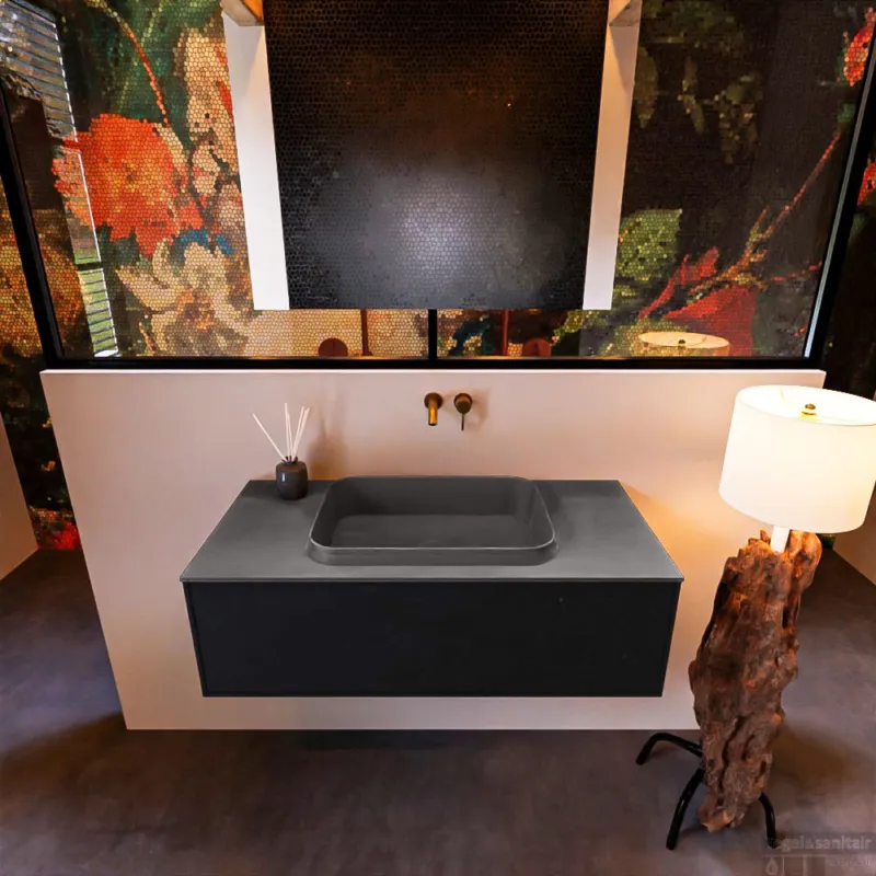Express Levering Badkamermeubelset Mondiaz Erin 100 cm met 1 Lade met RIDGE Wastafel Midden Dark grey Zonder Kraangaten Greeploos Mat Urban