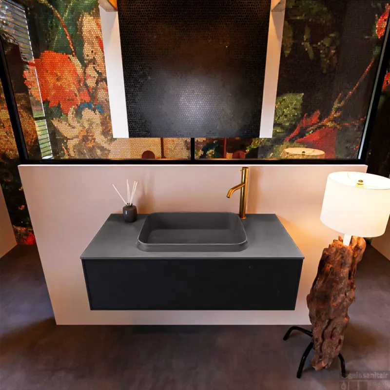Lage Prijs Badkamermeubelset Mondiaz Erin 100 cm met 1 Lade met RIDGE Wastafel Midden Dark grey met 1 kraangat Greeploos Mat Urban