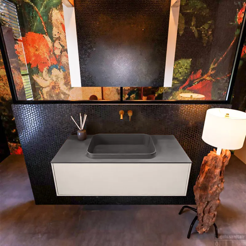 Badkamermeubelset Mondiaz Erin 100 cm met 1 Lade met RIDGE Wastafel Midden Dark grey Zonder Kraangaten Greeploos Mat Linen Speciale Aanbieding