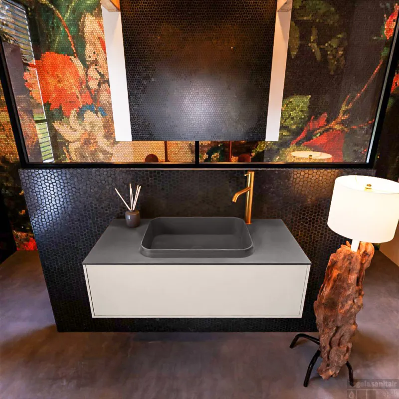 Beste Prijs Badkamermeubelset Mondiaz Erin 100 cm met 1 Lade met RIDGE Wastafel Midden Dark grey met 1 kraangat Greeploos Mat Linen