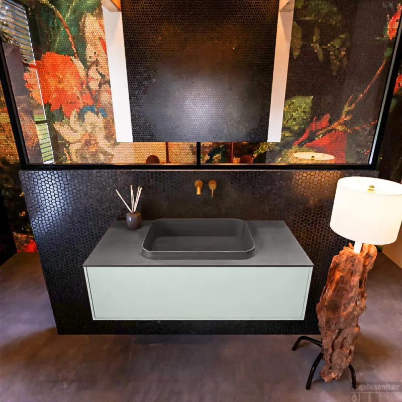 Badkamermeubelset Mondiaz Erin 100 cm met 1 Lade met RIDGE Wastafel Midden Dark grey Zonder Kraangaten Greeploos Mat Greey Voordeelprijs