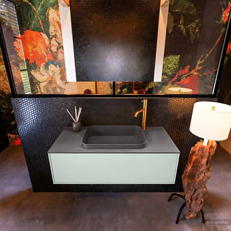 Badkamermeubelset Mondiaz Erin 100 cm met 1 Lade met RIDGE Wastafel Midden Dark grey met 1 kraangat Greeploos Mat Greey Korting
