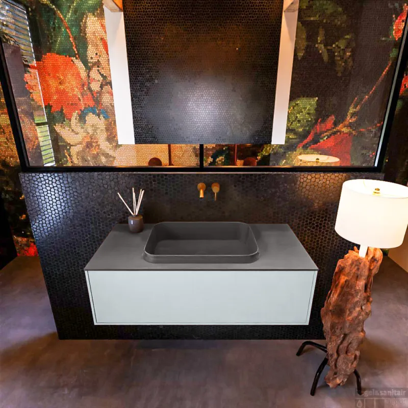 Seizoensaanbieding Badkamermeubelset Mondiaz Erin 100 cm met 1 Lade met RIDGE Wastafel Midden Dark grey Zonder Kraangaten Greeploos Mat Clay