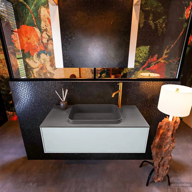 Badkamermeubelset Mondiaz Erin 100 cm met 1 Lade met RIDGE Wastafel Midden Dark grey met 1 kraangat Greeploos Mat Clay Gereduceerde Prijs