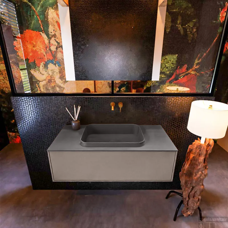 Koop Vandaag Badkamermeubelset Mondiaz Erin 100 cm met 1 Lade met RIDGE Wastafel Midden Dark grey Zonder Kraangaten Greeploos Mat Smoke