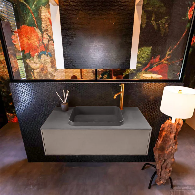 Badkamermeubelset Mondiaz Erin 100 cm met 1 Lade met RIDGE Wastafel Midden Dark grey met 1 kraangat Greeploos Mat Smoke Laatste Versie
