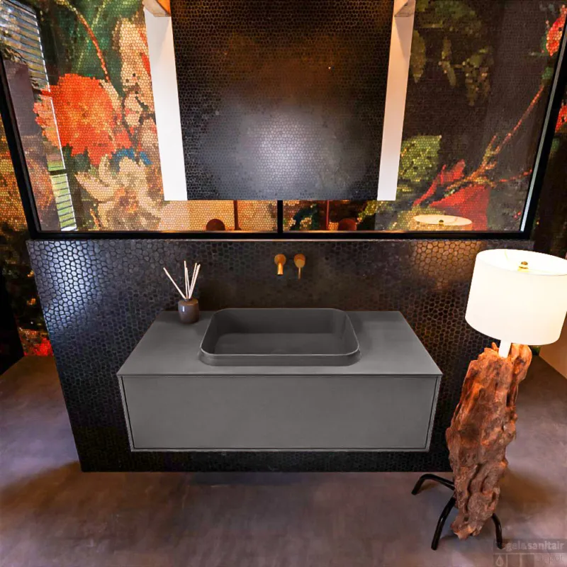 Badkamermeubelset Mondiaz Erin 100 cm met 1 Lade met RIDGE Wastafel Midden Dark grey Zonder Kraangaten Greeploos Mat Dark Grey Koop Online
