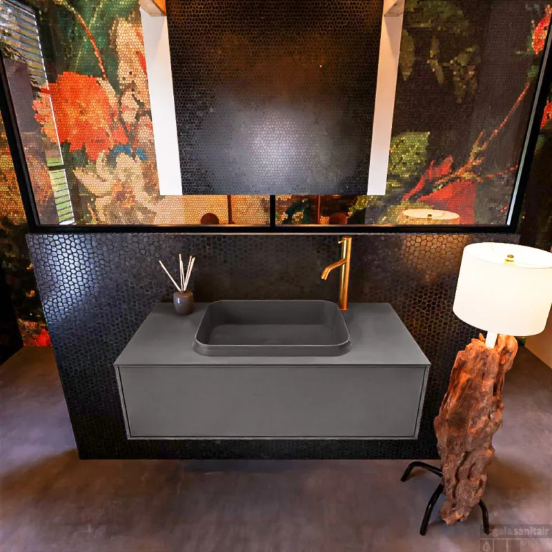 Badkamermeubelset Mondiaz Erin 100 cm met 1 Lade met RIDGE Wastafel Midden Dark grey met 1 kraangat Greeploos Mat Dark Grey Nu Kopen