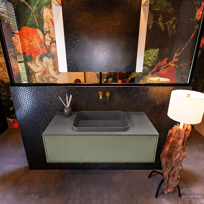 Lage Kosten Badkamermeubelset Mondiaz Erin 100 cm met 1 Lade met RIDGE Wastafel Midden Dark grey Zonder Kraangaten Greeploos Mat Army