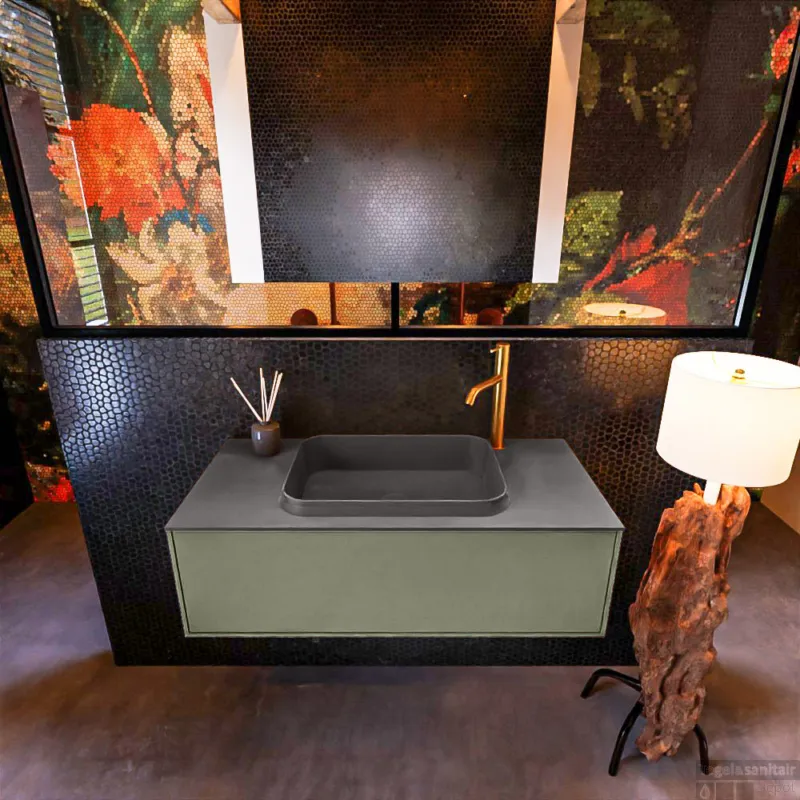 Express Levering Badkamermeubelset Mondiaz Erin 100 cm met 1 Lade met RIDGE Wastafel Midden Dark grey met 1 kraangat Greeploos Mat Army