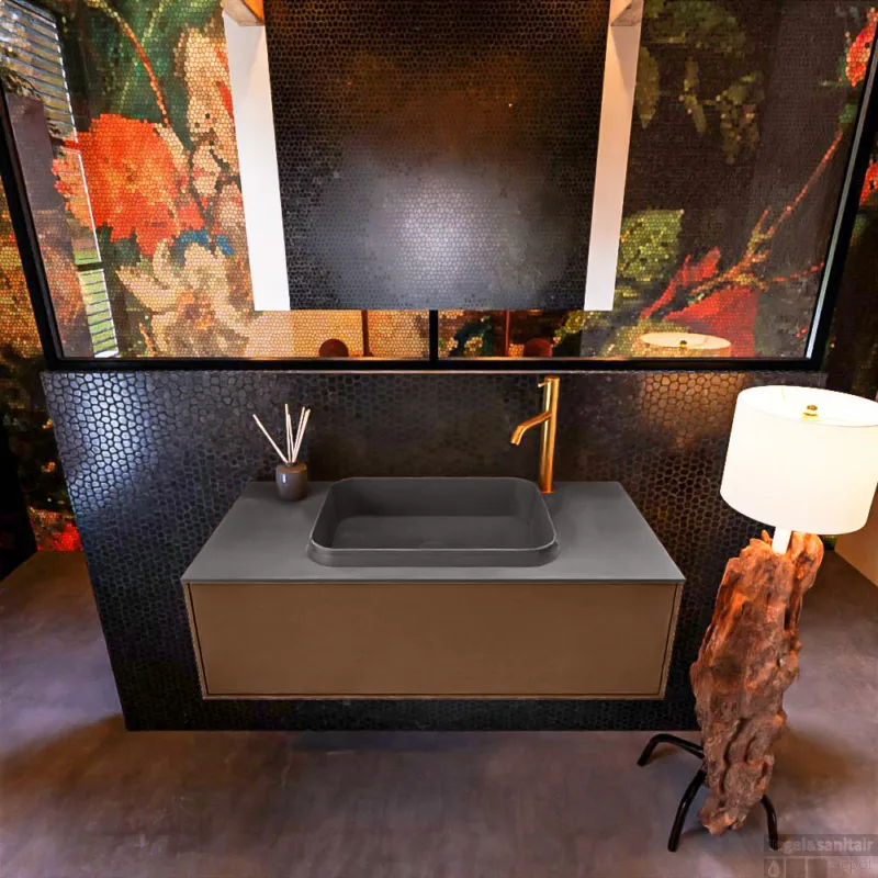 Badkamermeubelset Mondiaz Erin 100 cm met 1 Lade met RIDGE Wastafel Midden Dark grey met 1 kraangat Greeploos Mat Rust Seizoensaanbieding