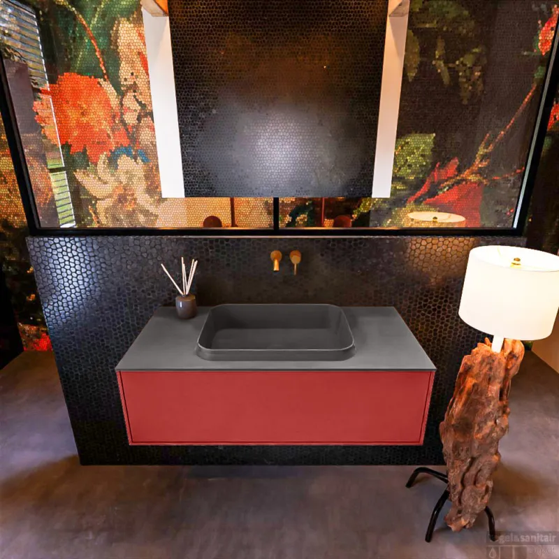 Badkamermeubelset Mondiaz Erin 100 cm met 1 Lade met RIDGE Wastafel Midden Dark grey Zonder Kraangaten Greeploos Mat Fire Rechtstreeks Van De Fabrikant