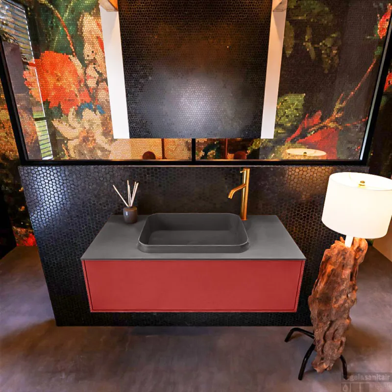 Alleen Vandaag Badkamermeubelset Mondiaz Erin 100 cm met 1 Lade met RIDGE Wastafel Midden Dark grey met 1 kraangat Greeploos Mat Fire