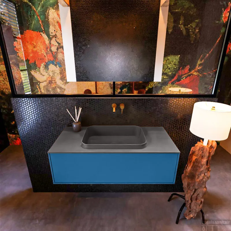 Badkamermeubelset Mondiaz Erin 100 cm met 1 Lade met RIDGE Wastafel Midden Dark grey Zonder Kraangaten Greeploos Mat Jeans Gereduceerde Prijs