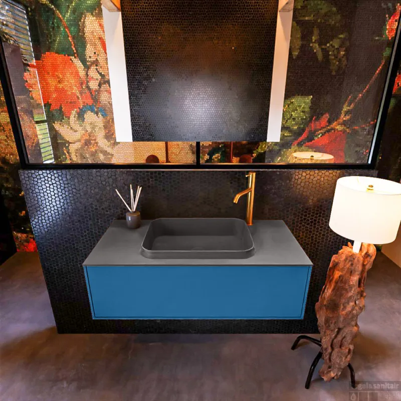 Bestseller Badkamermeubelset Mondiaz Erin 100 cm met 1 Lade met RIDGE Wastafel Midden Dark grey met 1 kraangat Greeploos Mat Jeans