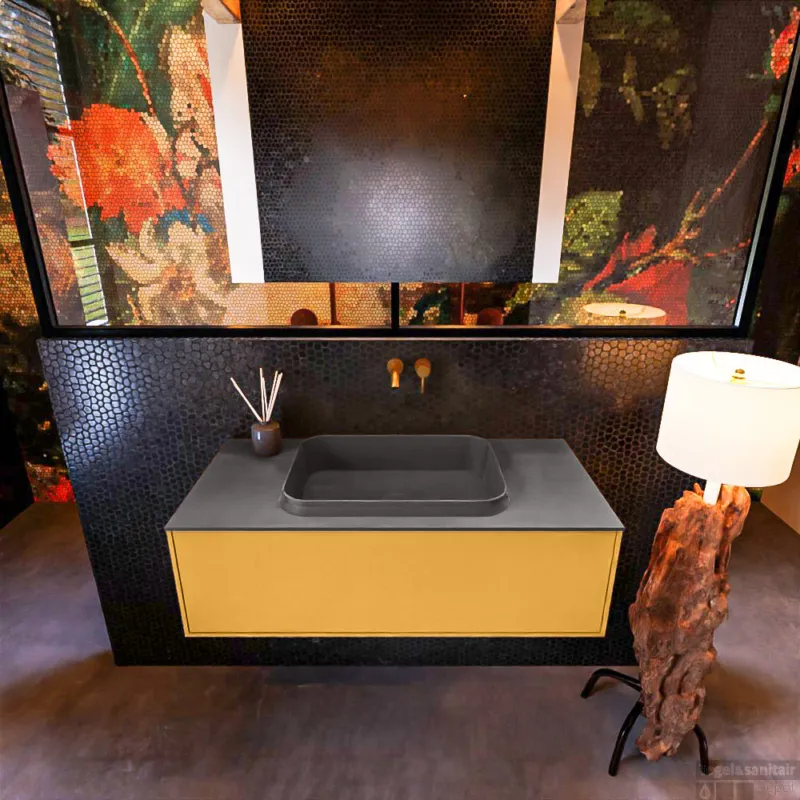 Gratis Retour Badkamermeubelset Mondiaz Erin 100 cm met 1 Lade met RIDGE Wastafel Midden Dark grey Zonder Kraangaten Greeploos Mat Ocher