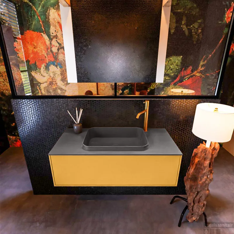 Badkamermeubelset Mondiaz Erin 100 cm met 1 Lade met RIDGE Wastafel Midden Dark grey met 1 kraangat Greeploos Mat Ocher Actieprijs