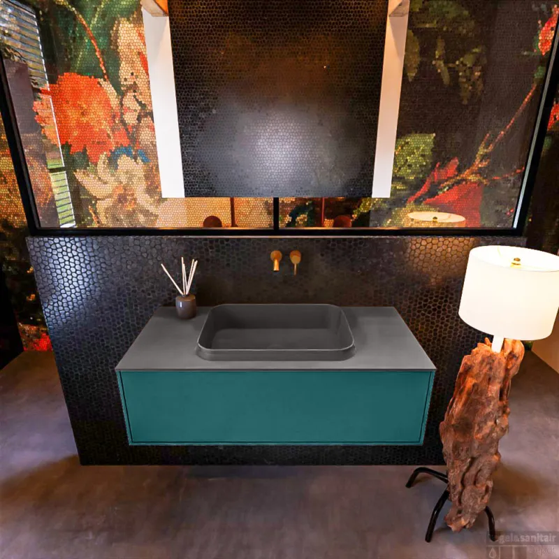 Badkamermeubelset Mondiaz Erin 100 cm met 1 Lade met RIDGE Wastafel Midden Dark grey Zonder Kraangaten Greeploos Mat Smag Voordeelprijs