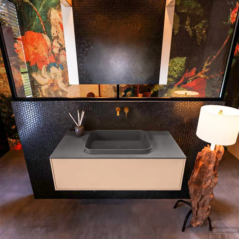 Dagaanbieding Badkamermeubelset Mondiaz Erin 100 cm met 1 Lade met RIDGE Wastafel Midden Dark grey Zonder Kraangaten Greeploos Mat Rosee