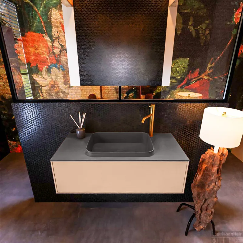 Badkamermeubelset Mondiaz Erin 100 cm met 1 Lade met RIDGE Wastafel Midden Dark grey met 1 kraangat Greeploos Mat Rosee Betrouwbaar