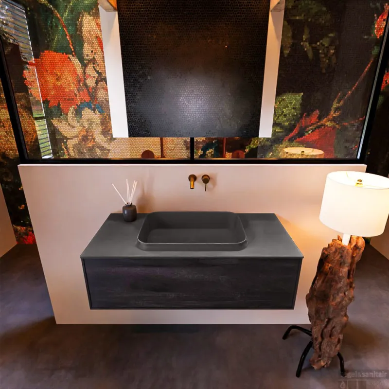 Badkamermeubelset Mondiaz Erin 100 cm met 1 Lade met RIDGE Wastafel Midden Dark grey Zonder Kraangaten Greeploos Mat Antracite Flitsaanbieding