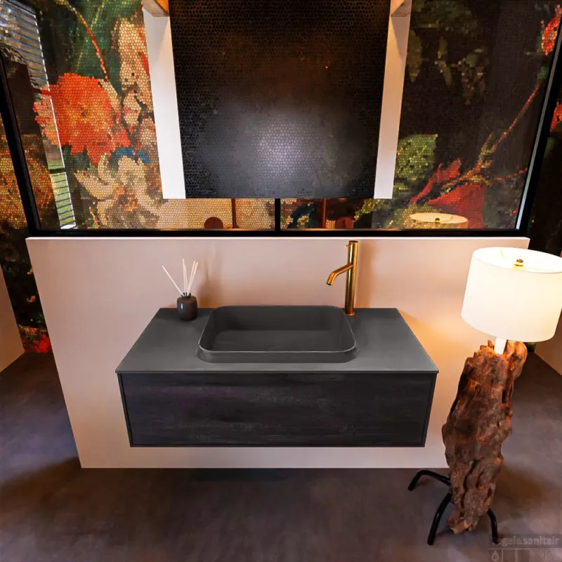 Dagaanbieding Badkamermeubelset Mondiaz Erin 100 cm met 1 Lade met RIDGE Wastafel Midden Dark grey met 1 kraangat Greeploos Mat Antracite