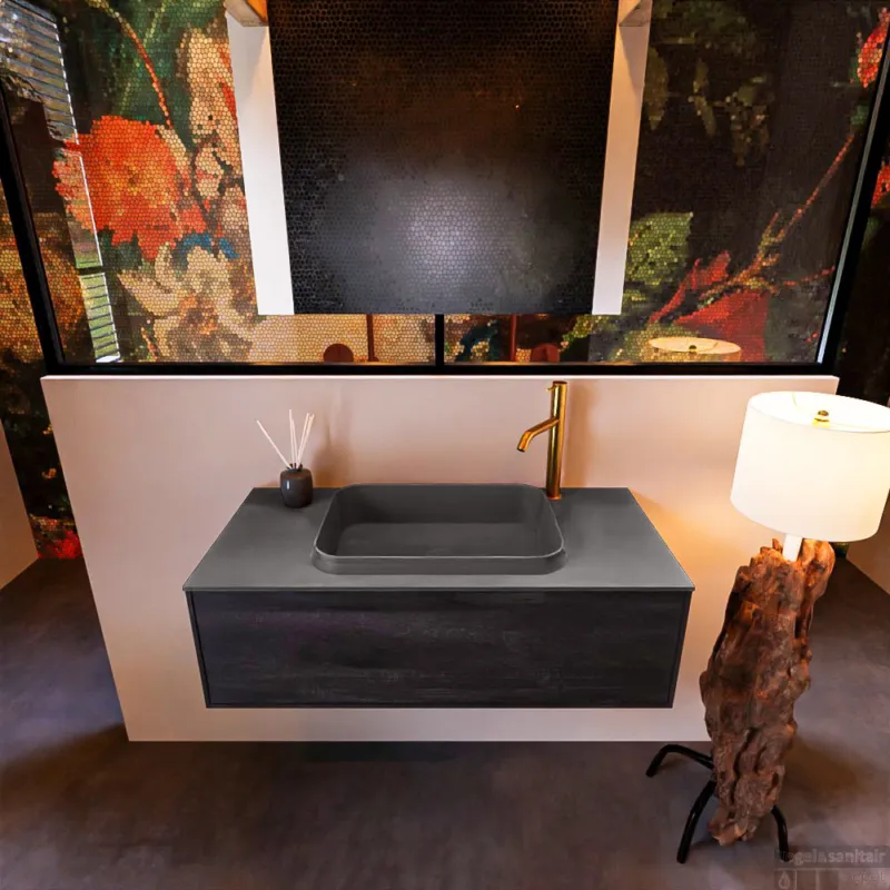 Direct Beschikbaar Badkamermeubelset Mondiaz Erin 100 cm met 1 Lade met RIDGE Wastafel Midden Dark grey met 1 kraangat Greeploos Mat Dark Brown