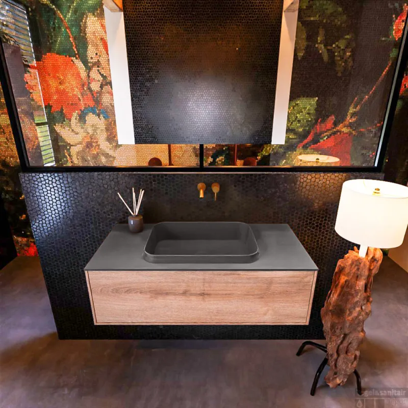 Badkamermeubelset Mondiaz Erin 100 cm met 1 Lade met RIDGE Wastafel Midden Dark grey Zonder Kraangaten Greeploos Mat Washed Oak Meest Verkocht