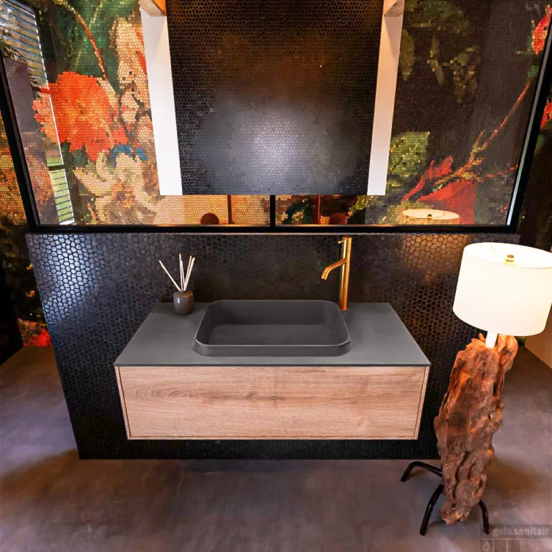 Badkamermeubelset Mondiaz Erin 100 cm met 1 Lade met RIDGE Wastafel Midden Dark grey met 1 kraangat Greeploos Mat Washed Oak Lage Prijs