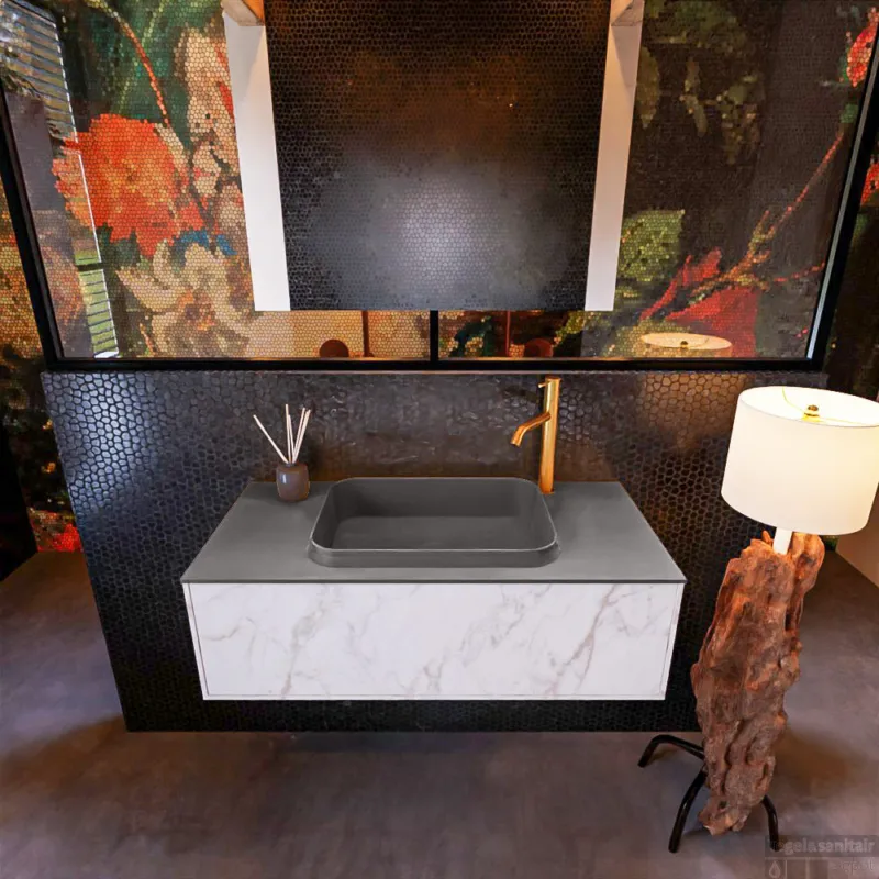 Badkamermeubelset Mondiaz Erin 100 cm met 1 Lade met RIDGE Wastafel Midden Dark grey met 1 kraangat Greeploos Mat Carrara Koopje