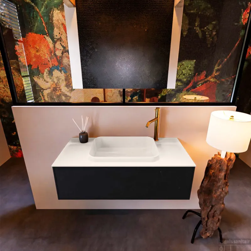 Badkamermeubelset Mondiaz Erin 100 cm met 1 Lade met RIDGE Wastafel Midden Linen met 1 kraangat Greeploos Mat Urban Alleen Vandaag