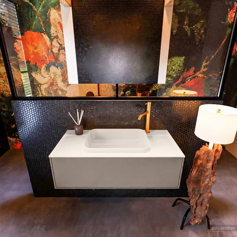 Badkamermeubelset Mondiaz Erin 100 cm met 1 Lade met RIDGE Wastafel Midden Linen met 1 kraangat Greeploos Mat Smoke Gratis Retour