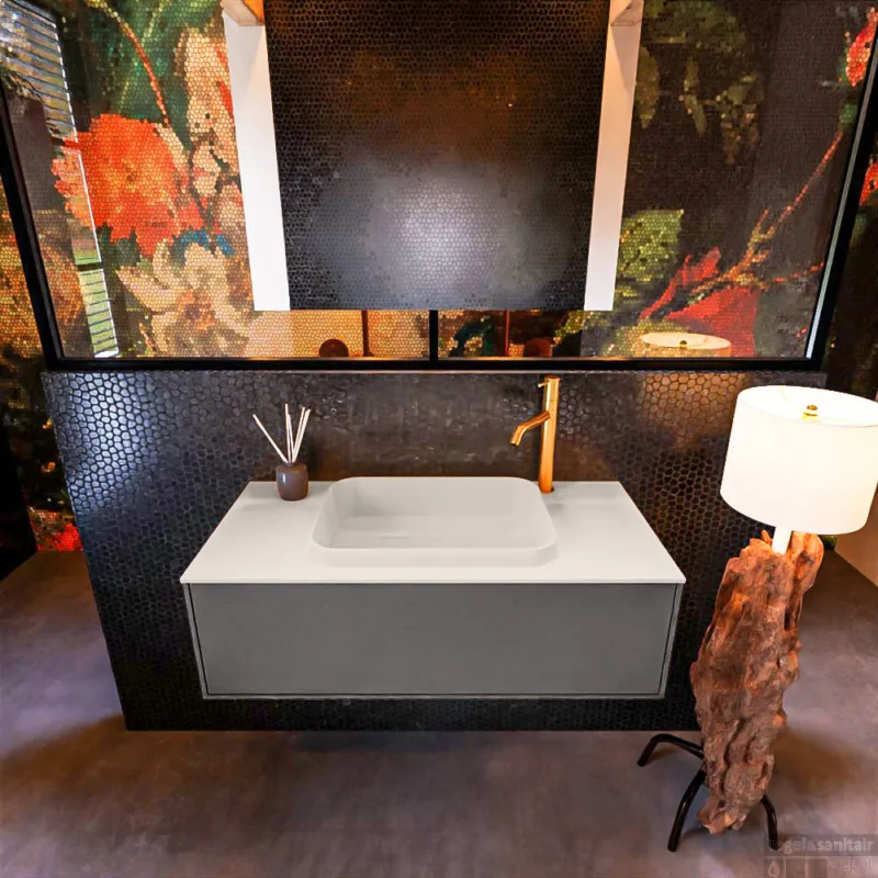 Badkamermeubelset Mondiaz Erin 100 cm met 1 Lade met RIDGE Wastafel Midden Linen met 1 kraangat Greeploos Mat Dark Grey Betaalbaar