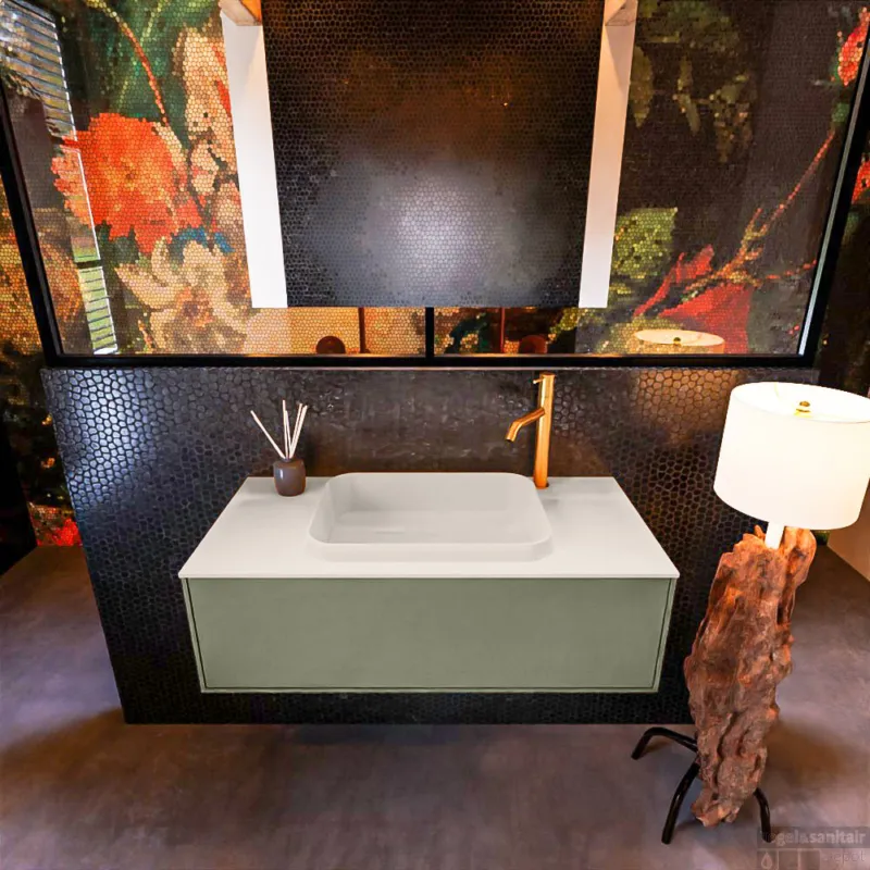 Badkamermeubelset Mondiaz Erin 100 cm met 1 Lade met RIDGE Wastafel Midden Linen met 1 kraangat Greeploos Mat Army Exclusieve Aanbieding