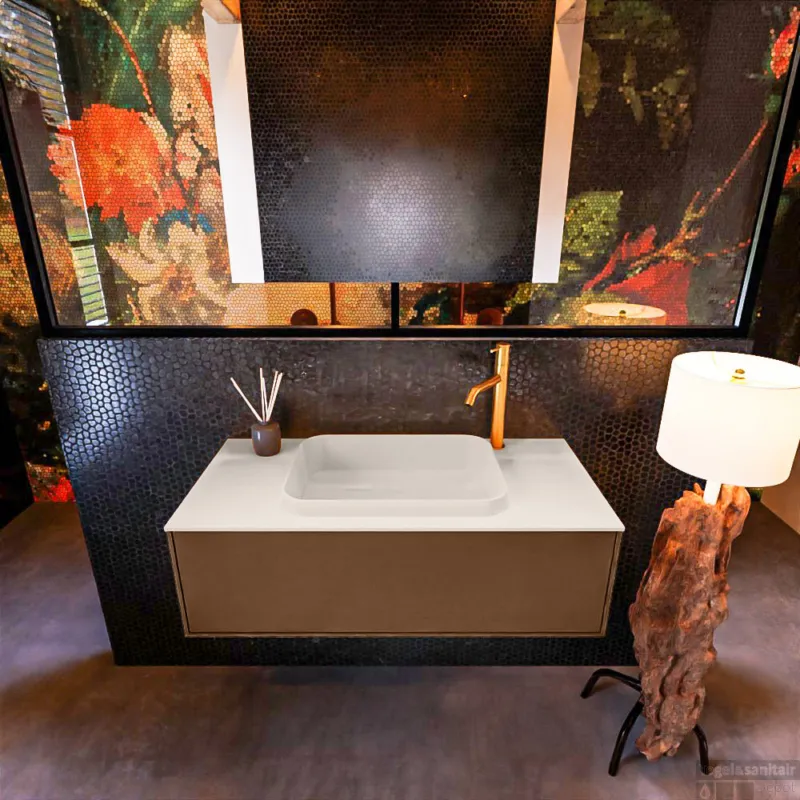 Finale Uitverkoop Badkamermeubelset Mondiaz Erin 100 cm met 1 Lade met RIDGE Wastafel Midden Linen met 1 kraangat Greeploos Mat Rust