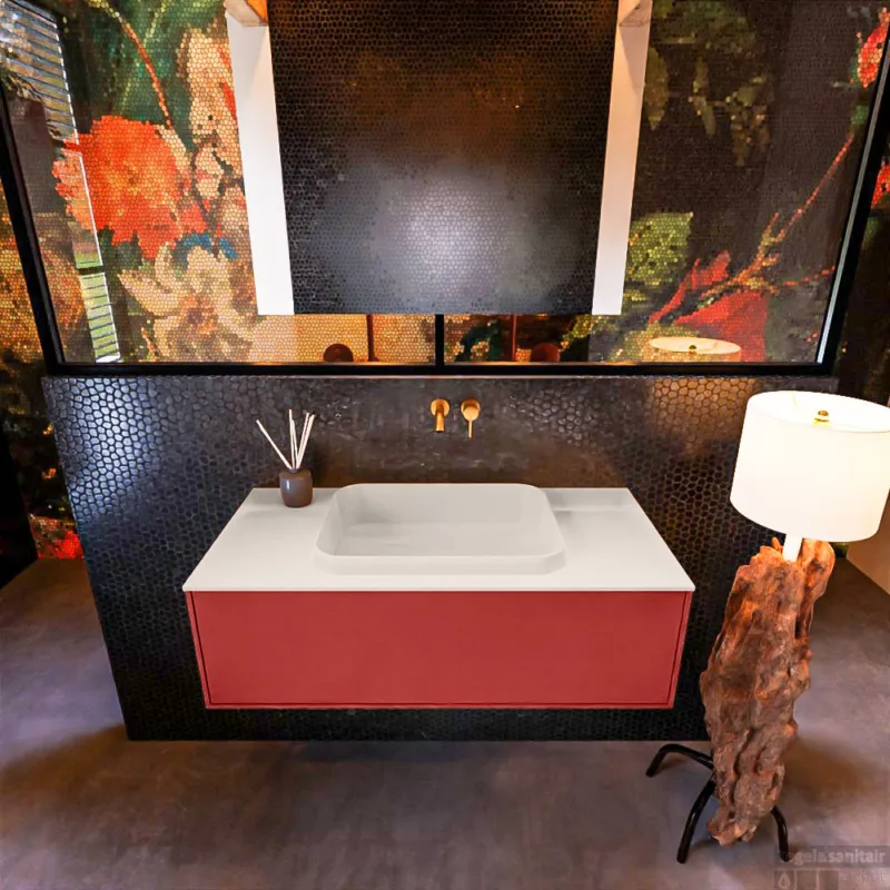 Badkamermeubelset Mondiaz Erin 100 cm met 1 Lade met RIDGE Wastafel Midden Linen Zonder Kraangaten Greeploos Mat Fire Korting