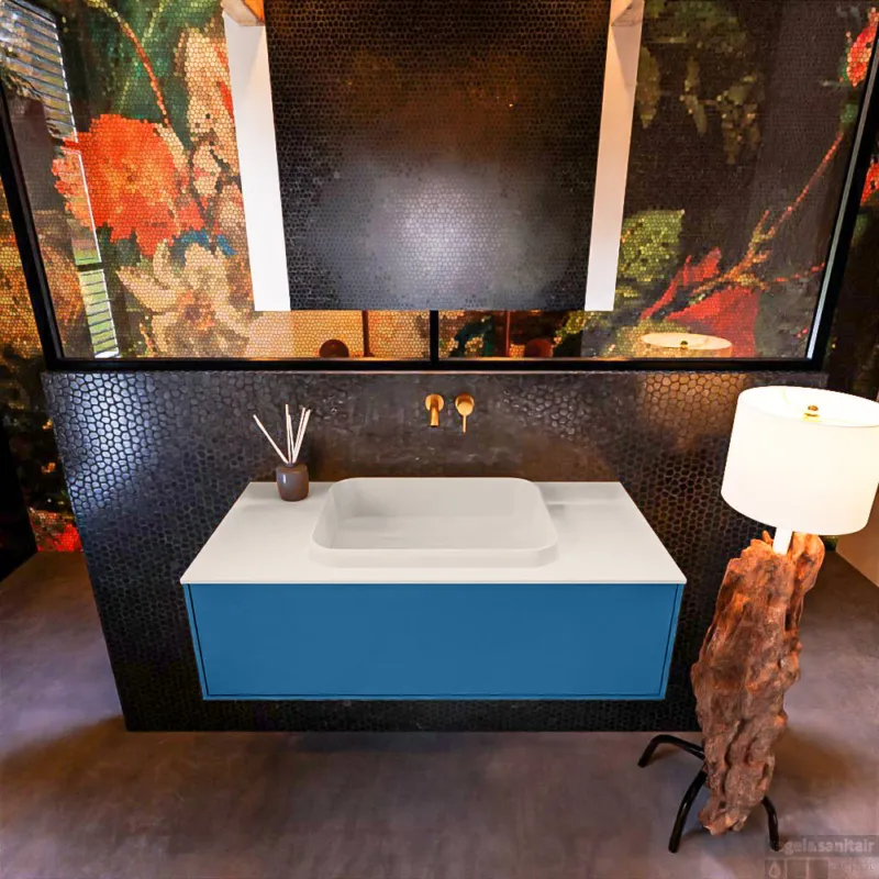 Badkamermeubelset Mondiaz Erin 100 cm met 1 Lade met RIDGE Wastafel Midden Linen Zonder Kraangaten Greeploos Mat Jeans Nu Kopen