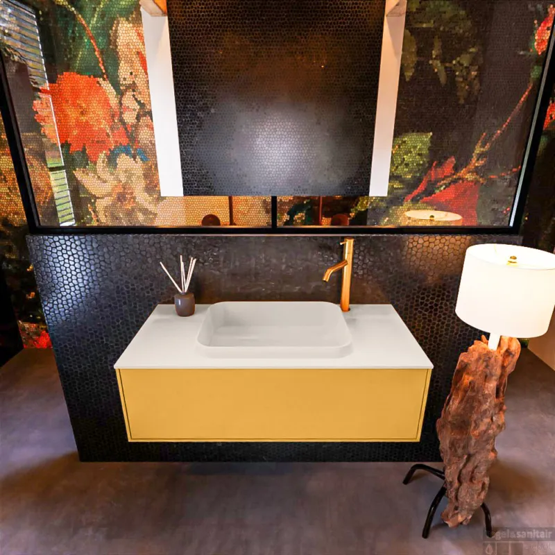 Badkamermeubelset Mondiaz Erin 100 cm met 1 Lade met RIDGE Wastafel Midden Linen met 1 kraangat Greeploos Mat Ocher Gratis Retour